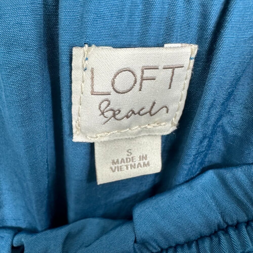 3/$25 LOFT Beach Maxi Dress S Off Shoulder Tiered Silky Flowy Ruffle Teal Long - Picture 5 of 8